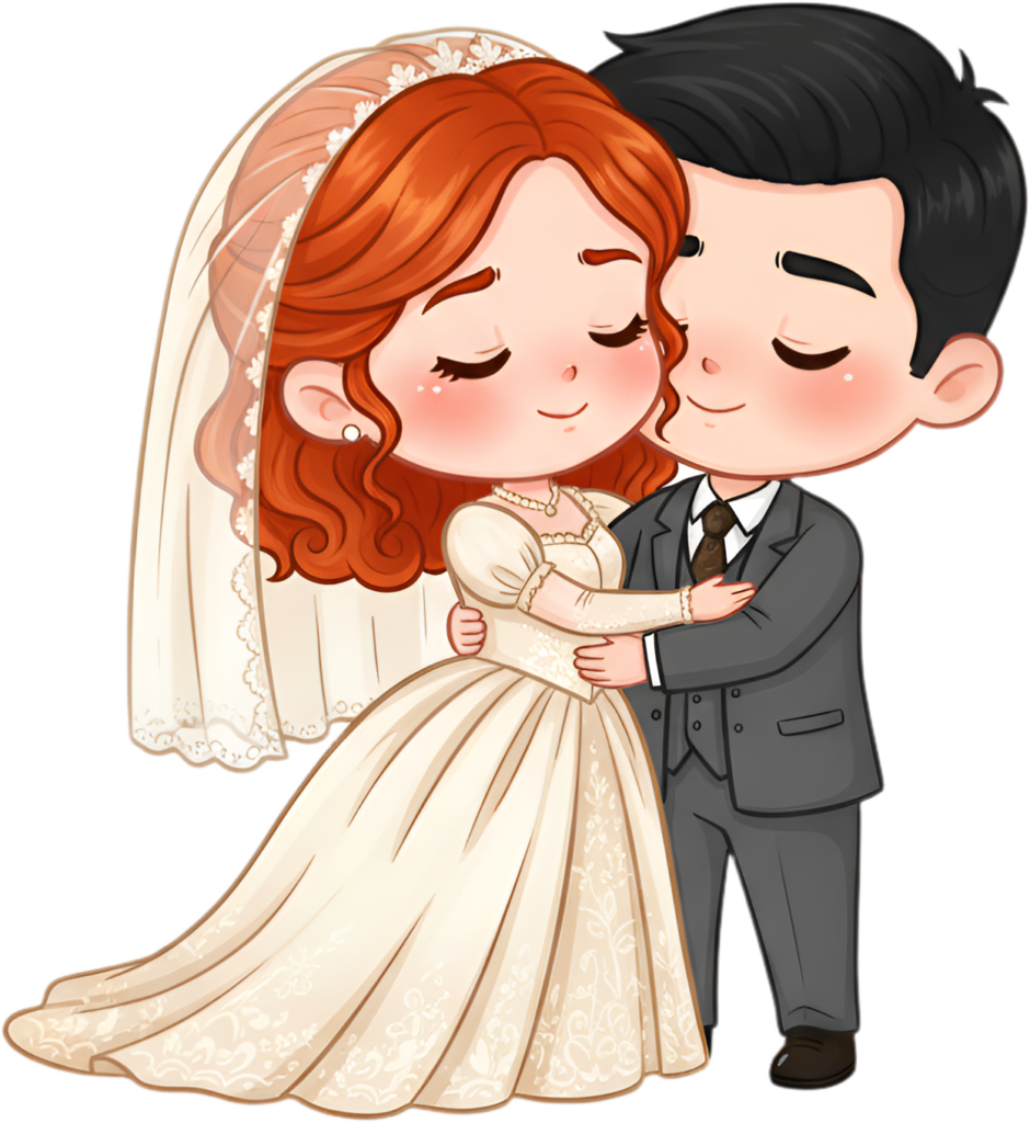- Gentle embrace wedding cartoon illustration, red hair bride with veil PNG Free PNG Download