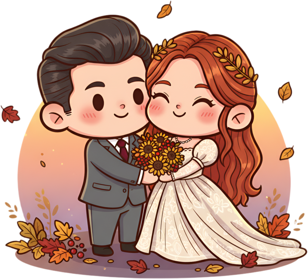 Vibrant autumn wedding cartoon illustration, sunflower bride and grey suit PNG 1 - Vibrant autumn wedding cartoon illustration, sunflower bride and grey suit PNG Free PNG Download
