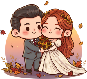 Vibrant autumn wedding cartoon illustration, sunflower bride and grey suit PNG