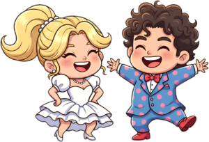 Quirky joyful wedding cartoon illustration, polka dot suit groom PNG