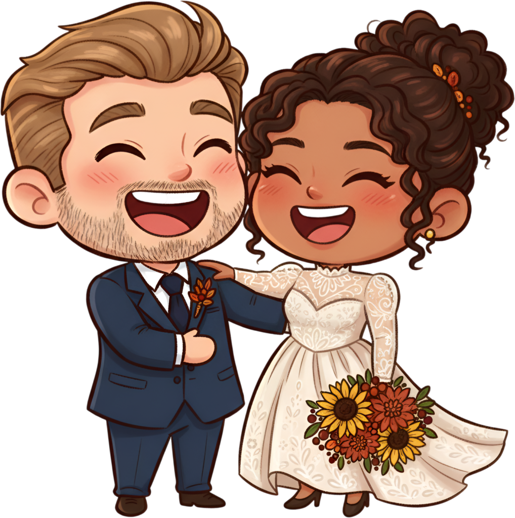 Lively autumn wedding cartoon illustration, diverse couple and sunflowers PNG 1 - Lively autumn wedding cartoon illustration, diverse couple and sunflowers PNG Free PNG Download