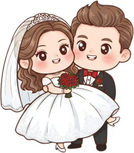 Romantic groom carrying bride cartoon illustration, red roses bouquet PNG
