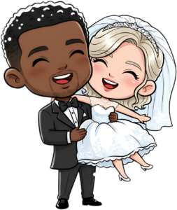 Joyous diverse wedding cartoon illustration, black groom carrying bride PNG