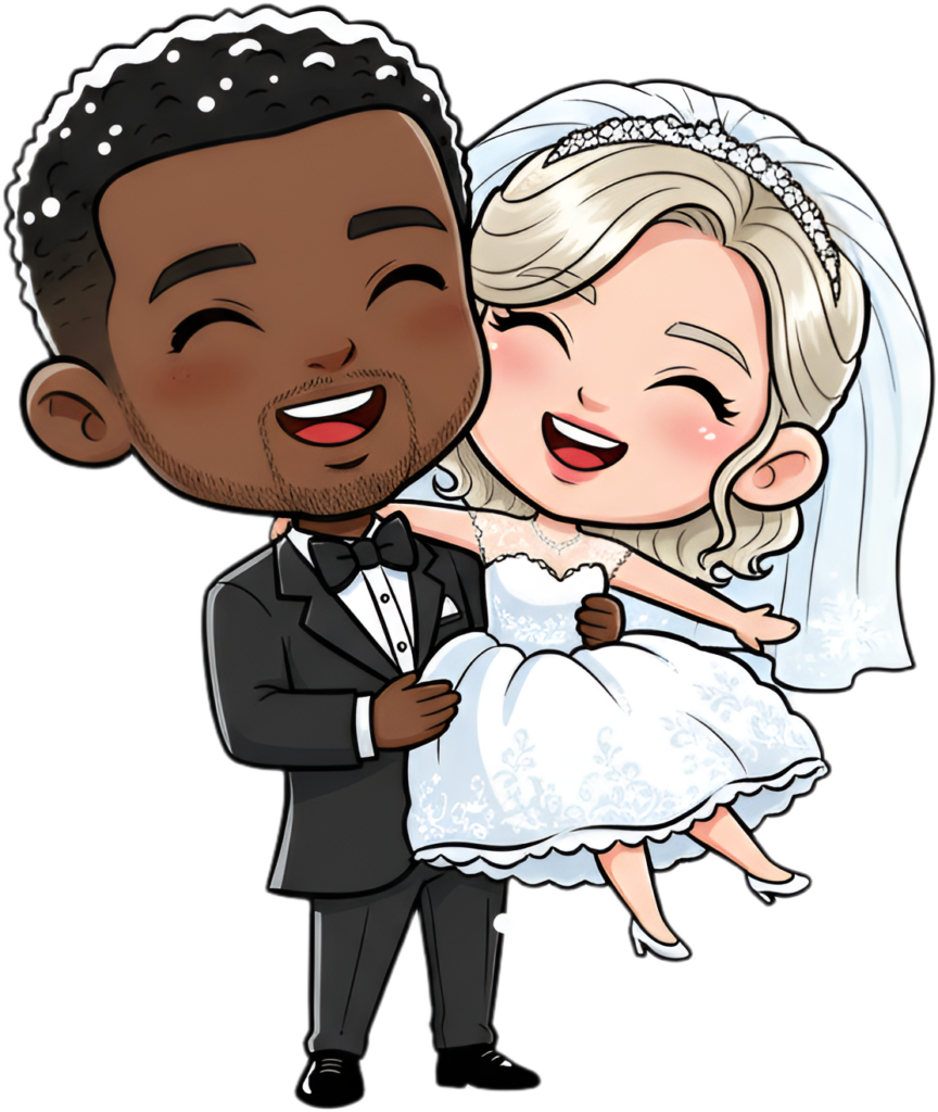 Joyous diverse wedding cartoon illustration, black groom carrying bride PNG 1 - Joyous diverse wedding cartoon illustration, black groom carrying bride PNG Free PNG Download