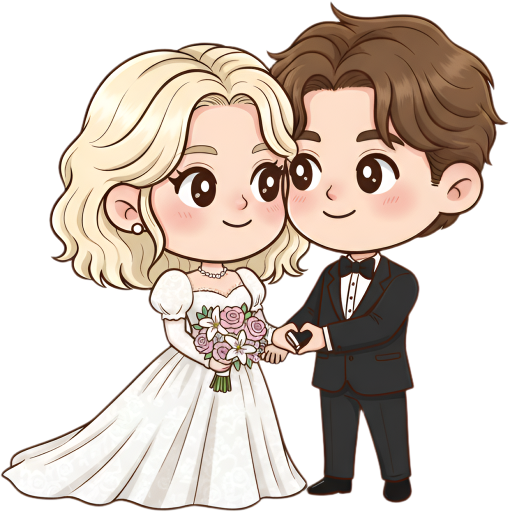 Sweet cartoon wedding couple illustration, hand heart gesture PNG 1 - Sweet cartoon wedding couple illustration, hand heart gesture PNG Free PNG Download