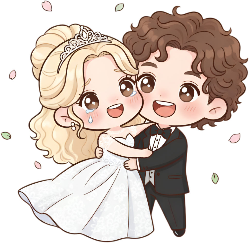 - Emotional wedding cartoon illustration, crying bride embraced by groom PNG Free PNG Download