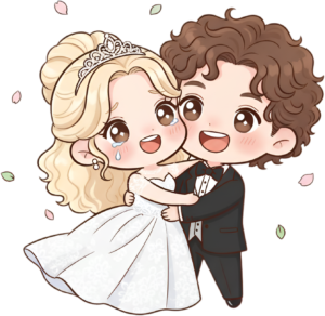 Emotional wedding cartoon illustration, crying bride embraced by groom PNG