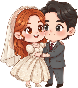 Classic wedding cartoon illustration, red hair bride and grey suit groom PNG