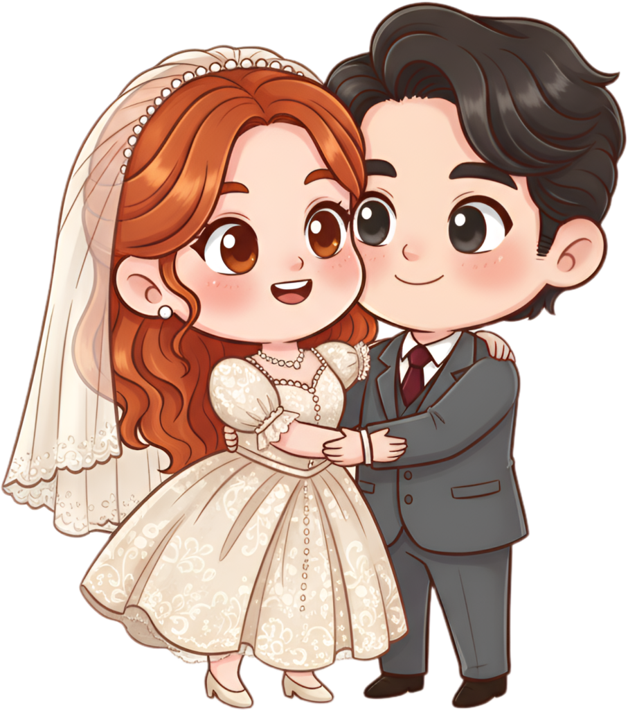 Classic wedding cartoon illustration, red hair bride and grey suit groom PNG 1 - Classic wedding cartoon illustration, red hair bride and grey suit groom PNG Free PNG Download