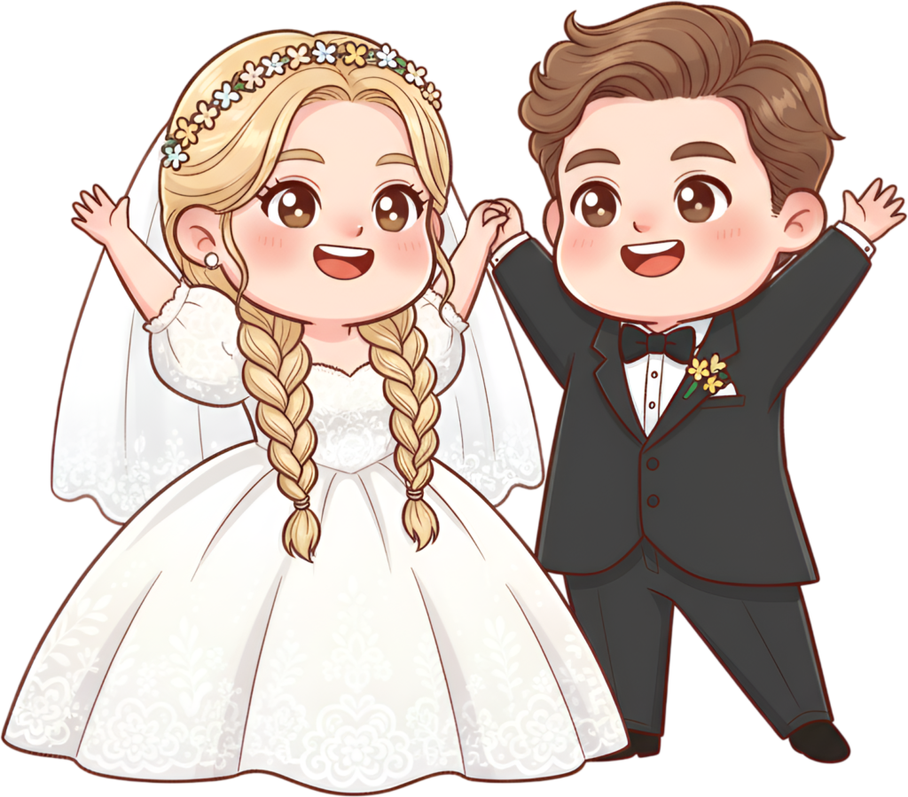 Cheerful wedding cartoon illustration, braided hair bride, flower crown PNG 1 - Cheerful wedding cartoon illustration, braided hair bride, flower crown PNG Free PNG Download