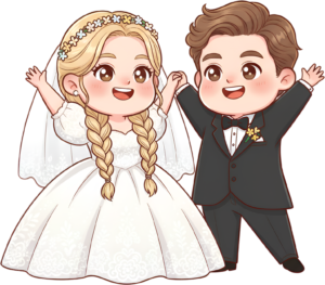 Cheerful wedding cartoon illustration, braided hair bride, flower crown PNG
