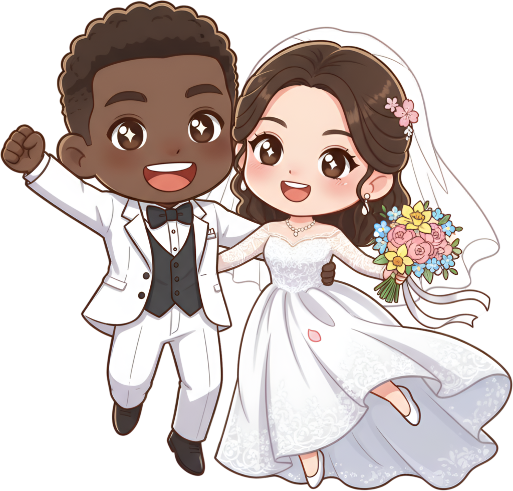 Exuberant diverse wedding cartoon illustration, jumping couple in white PNG 1 - Exuberant diverse wedding cartoon illustration, jumping couple in white PNG Free PNG Download