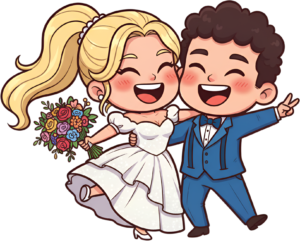 Playful wedding cartoon illustration, ponytail bride, blue suit groom PNG
