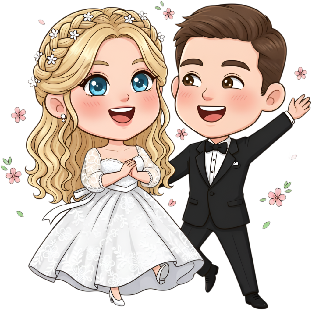 Whimsical spring wedding cartoon illustration, waving couple, blossoms PNG 1 - Whimsical spring wedding cartoon illustration, waving couple, blossoms PNG Free PNG Download