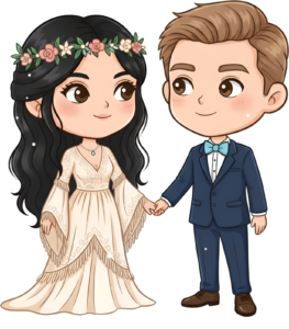 Bohemian wedding cartoon illustration, brunette bride, blue bow tie groom PNG