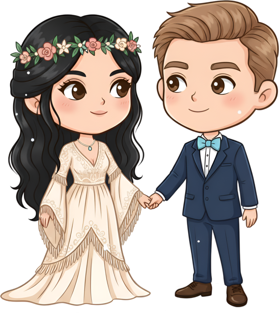 Bohemian wedding cartoon illustration, brunette bride, blue bow tie groom PNG 1 - Bohemian wedding cartoon illustration, brunette bride, blue bow tie groom PNG Free PNG Download