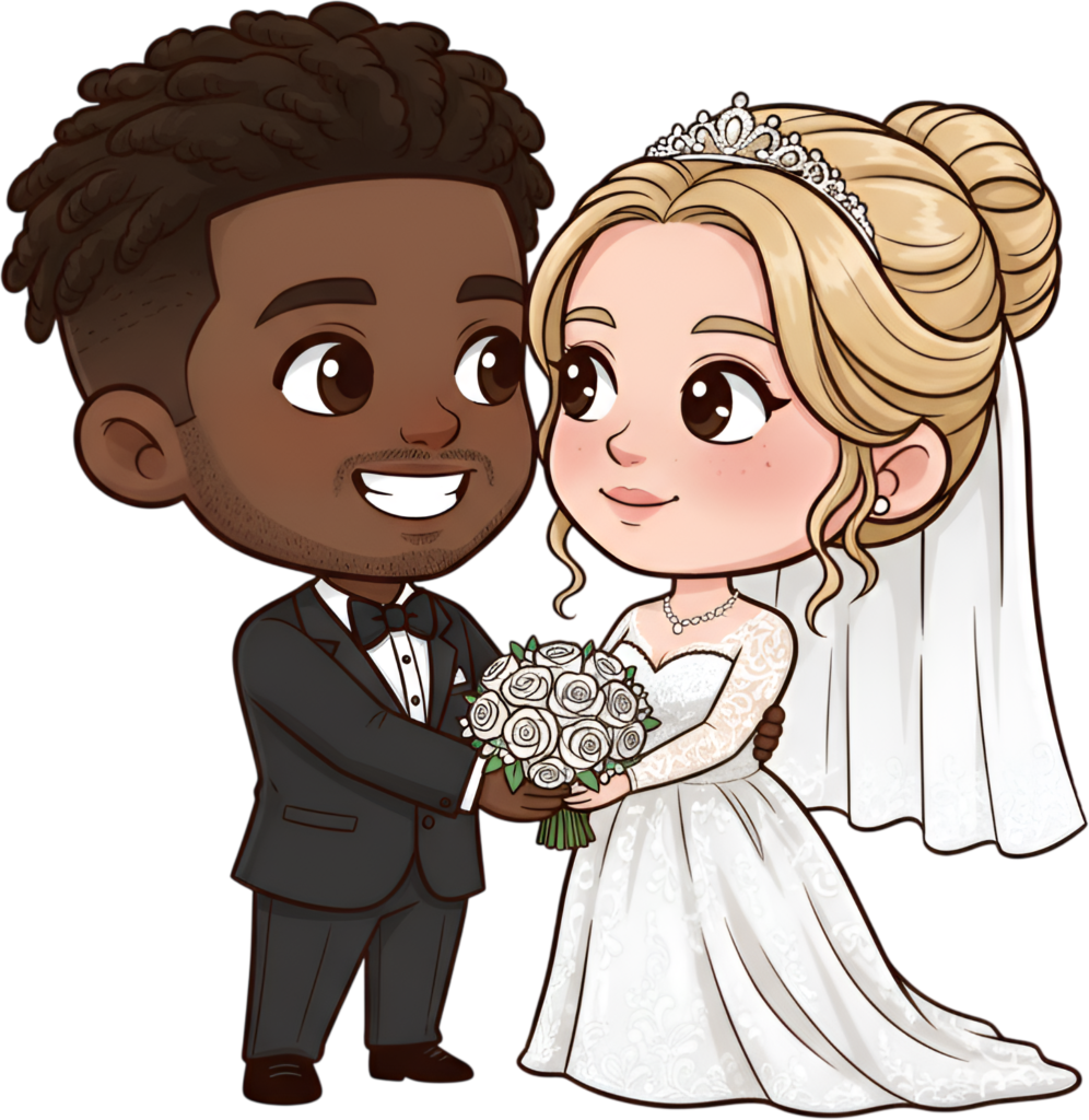 Romantic diverse wedding cartoon illustration, black groom, white roses PNG 1 - Romantic diverse wedding cartoon illustration, black groom, white roses PNG Free PNG Download