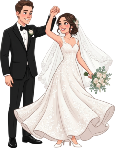 Modern Western Wedding Couple Holding Hands and Dancing in Elegant Bridal Gown and Suit Illustration PNG