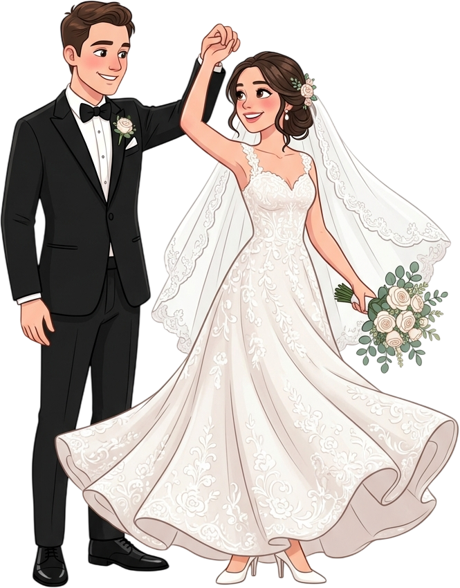 - Modern Western Wedding Couple Holding Hands and Dancing in Elegant Bridal Gown and Suit Illustration PNG Free PNG Download