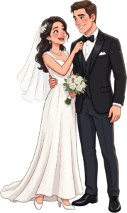 Romantic Western Wedding Couple Standing Together in Elegant White Dress and Blue Suit Illustration PNG