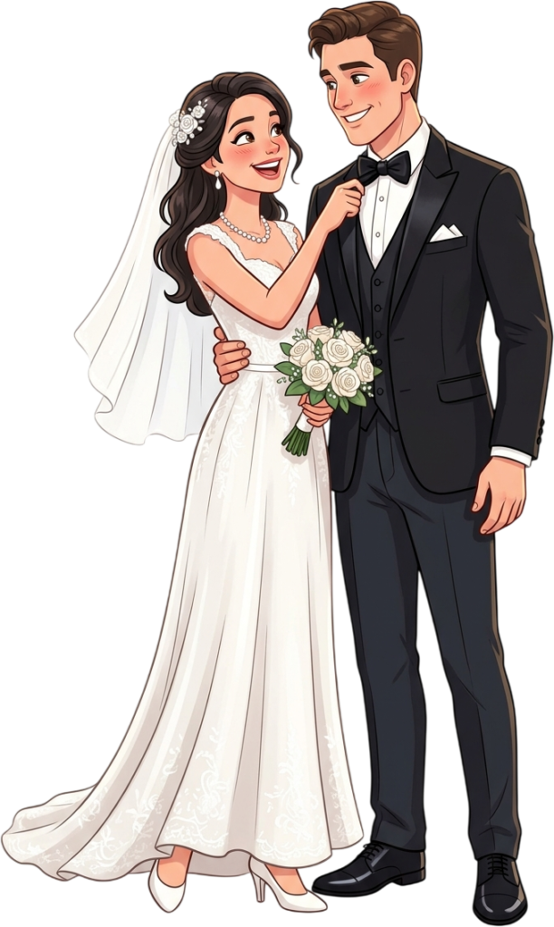 - Romantic Western Wedding Couple Standing Together in Elegant White Dress and Blue Suit Illustration PNG Free PNG Download