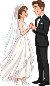 Stylish Western Wedding Couple in Minimalist Bridal Fashion and Groom Formal Attire Illustration PNG