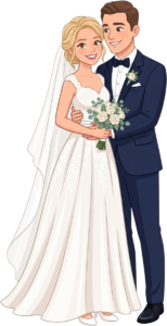 Joyful Western Wedding Couple Walking Hand in Hand with Bouquet and Blue Suit Illustration PNG