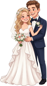 Elegant Western Wedding Couple in Standing Pose with Detailed Bridal Lace Gown Illustration PNG