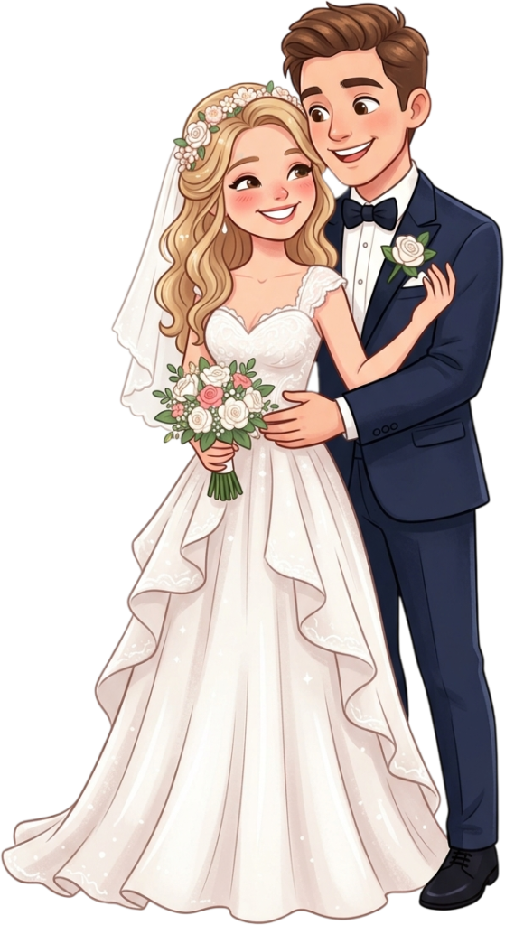 - Elegant Western Wedding Couple in Standing Pose with Detailed Bridal Lace Gown Illustration PNG Free PNG Download