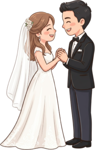 Formal Western Wedding Couple with Groom in Blue Suit and Bride in Satin Gown Illustration PNG