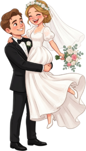 Sweet Western Wedding Couple with Groom Giving Bride a Piggyback Ride Illustration PNG