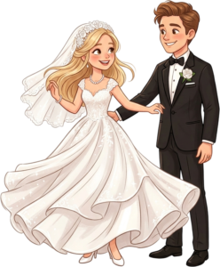 Beautiful blonde bride and groom wedding couple illustration clipart PNG for romantic marriage invitations and digital design