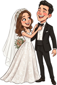 Cute brunette bride fixing groom’s bowtie wedding illustration clipart PNG for marriage celebration and scrapbooking projects