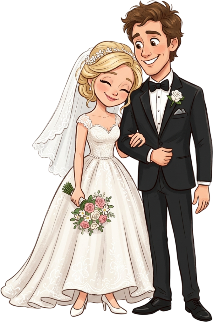 Happy wedding couple standing together with flower bouquet illustration clipart PNG for bridal shower and marriage themes 1 - Happy wedding couple standing together with flower bouquet illustration clipart PNG for bridal shower and marriage themes Free PNG Download