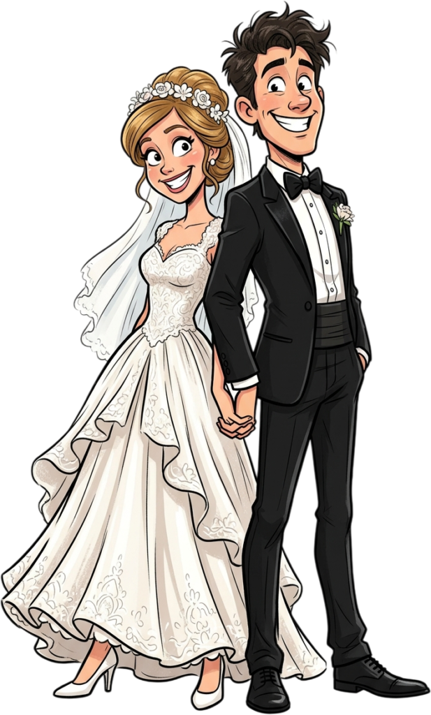 - Playful bride and groom standing back to back wedding illustration clipart PNG for modern marriage event graphics Free PNG Download