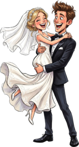 Groom lifting happy bride in air wedding illustration clipart PNG for joyful celebration and wedding party decor