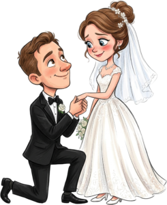 Groom kneeling for romantic proposal to bride wedding illustration clipart PNG for engagement cards and anniversary designs