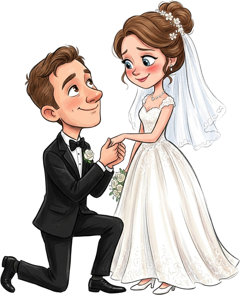 Groom kneeling for romantic proposal to bride wedding illustration clipart PNG for engagement cards and anniversary designs 1 - Groom kneeling for romantic proposal to bride wedding illustration clipart PNG for engagement cards and anniversary designs Free PNG Download