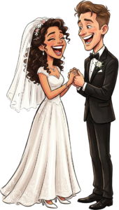 Excited bride and groom laughing together wedding illustration clipart PNG for joyful marriage announcements and card making
