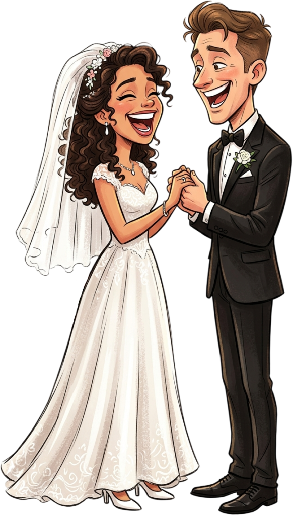 Excited bride and groom laughing together wedding illustration clipart PNG for joyful marriage announcements and card making 1 - Excited bride and groom laughing together wedding illustration clipart PNG for joyful marriage announcements and card making Free PNG Download
