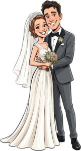 Traditional bride and groom posing for portrait wedding illustration clipart PNG for formal marriage stationery and web