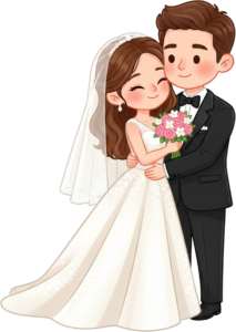 Sweet bride and groom hugging closely wedding illustration clipart PNG for romantic love stories and wedding invitations