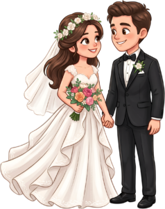 Elegant wedding couple illustration, flower crown bride, black suit groom PNG
