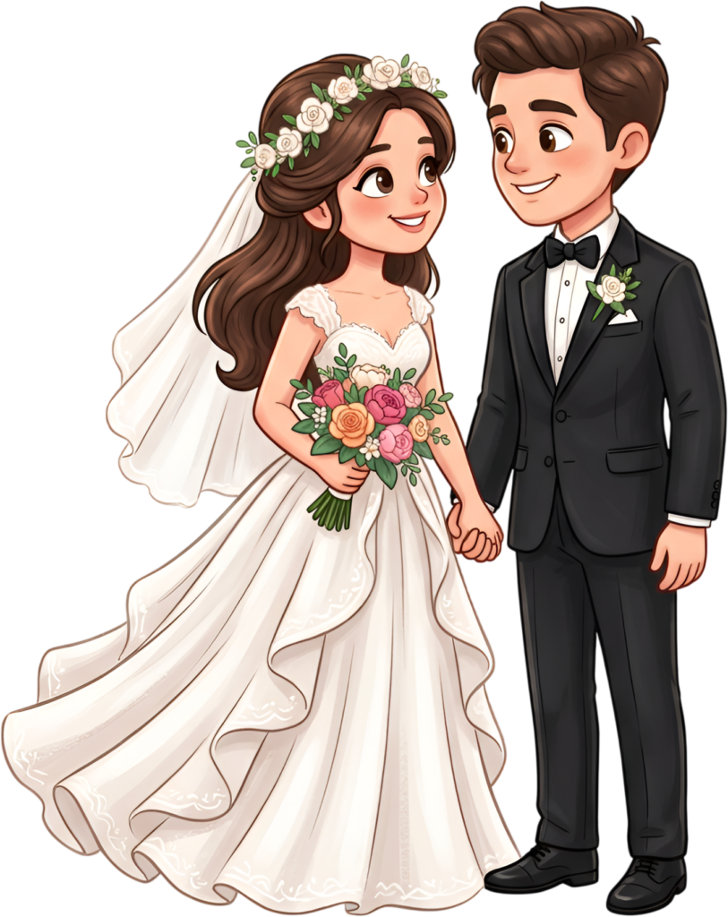 Elegant wedding couple illustration, flower crown bride, black suit groom PNG 1 - Elegant wedding couple illustration, flower crown bride, black suit groom PNG Free PNG Download