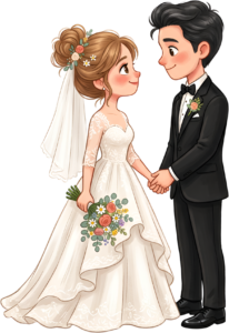 Charming wedding illustration with couple holding hands, happy floral PNG
