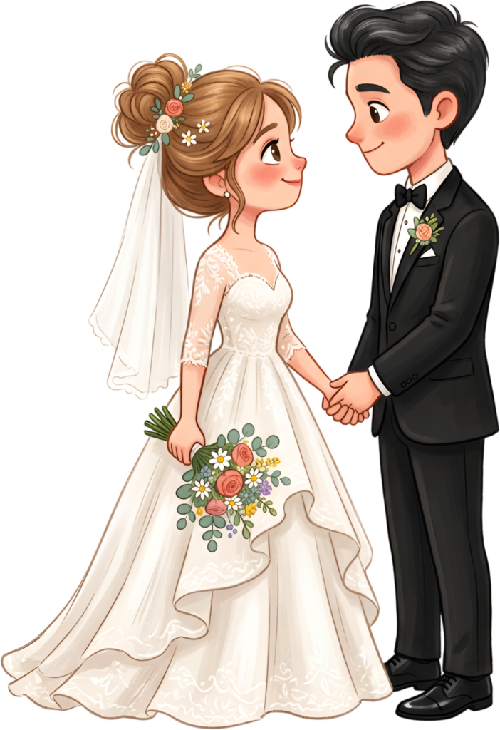 Charming wedding illustration with couple holding hands, happy floral PNG 1 - Charming wedding illustration with couple holding hands, happy floral PNG Free PNG Download