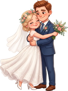 Heartfelt wedding illustration, crying bride, embracing groom in blue PNG