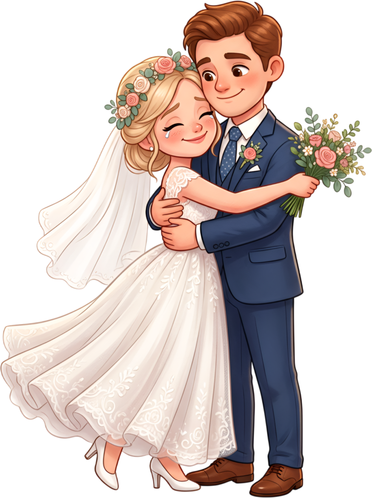 - Heartfelt wedding illustration, crying bride, embracing groom in blue PNG Free PNG Download